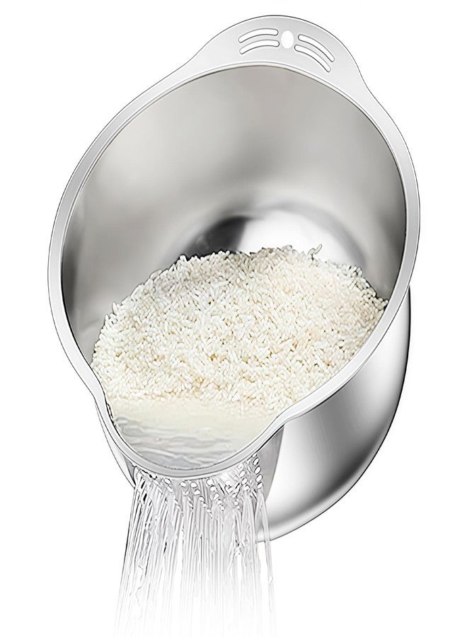 DOPMEP Rice Washer Strainer Bowl, Stainless Steel Washing Bowl for Rinsing Quinoa, Side Drainers Colander for Cleaning Fruits, Vegetables, and Beans - Versatile Kitchen Gadgets, 25X21X13 Cm, Silver - Image 1